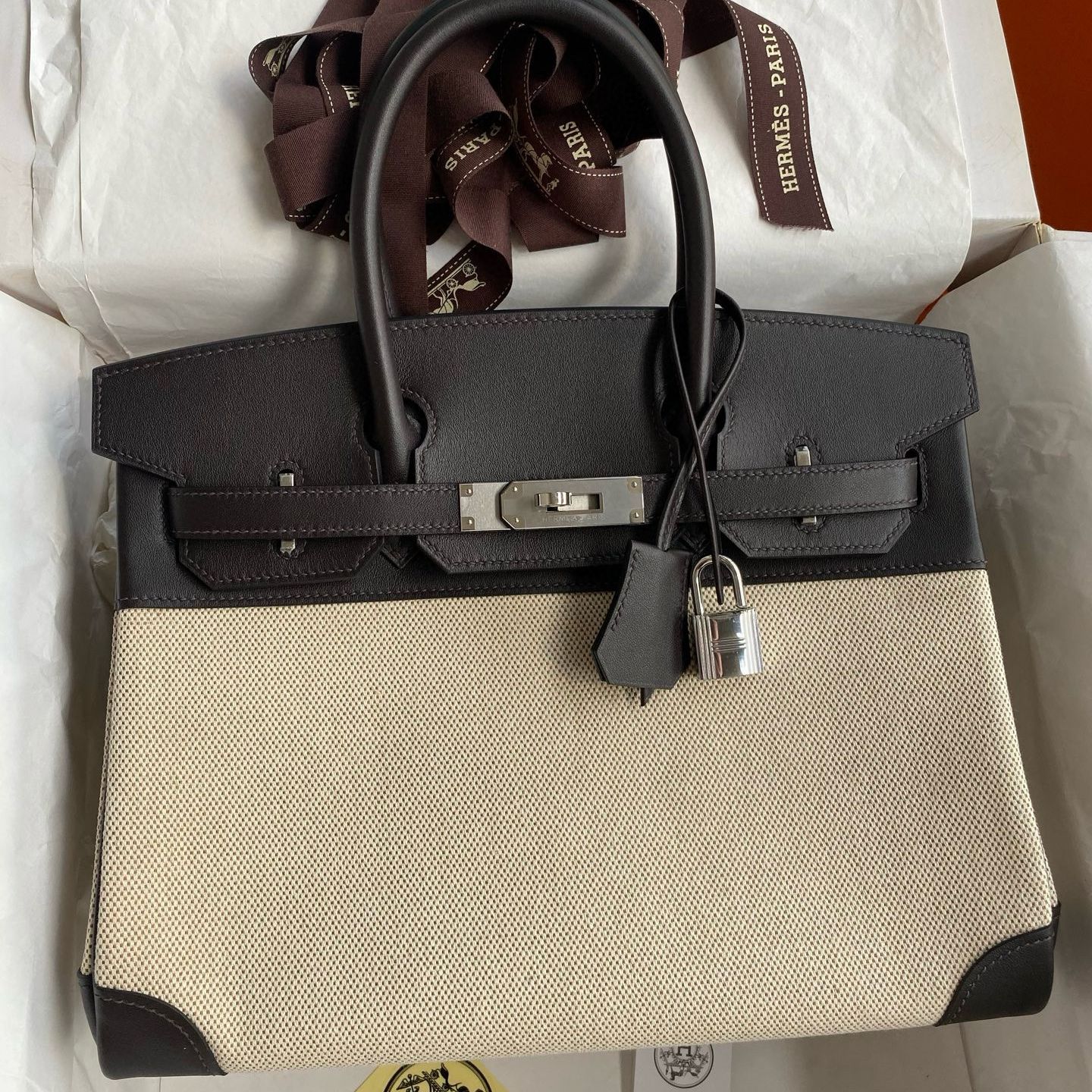 Hermes Birkin 30 Handmade Bag in Toile & Ebene Swift Leather