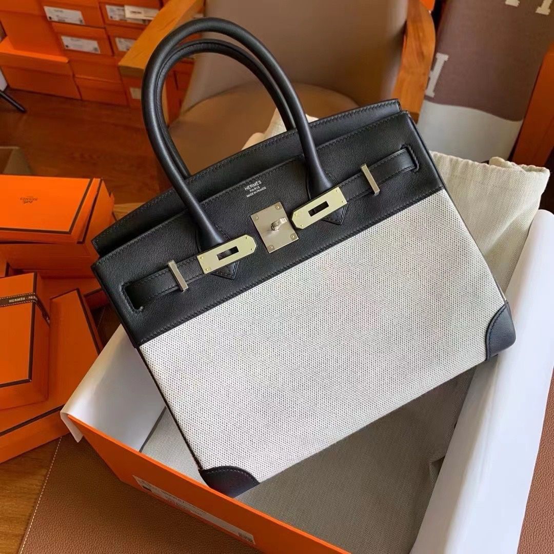 Hermes Birkin 30 Handmade Bag In Toile & Black Swift Leather - Image 6
