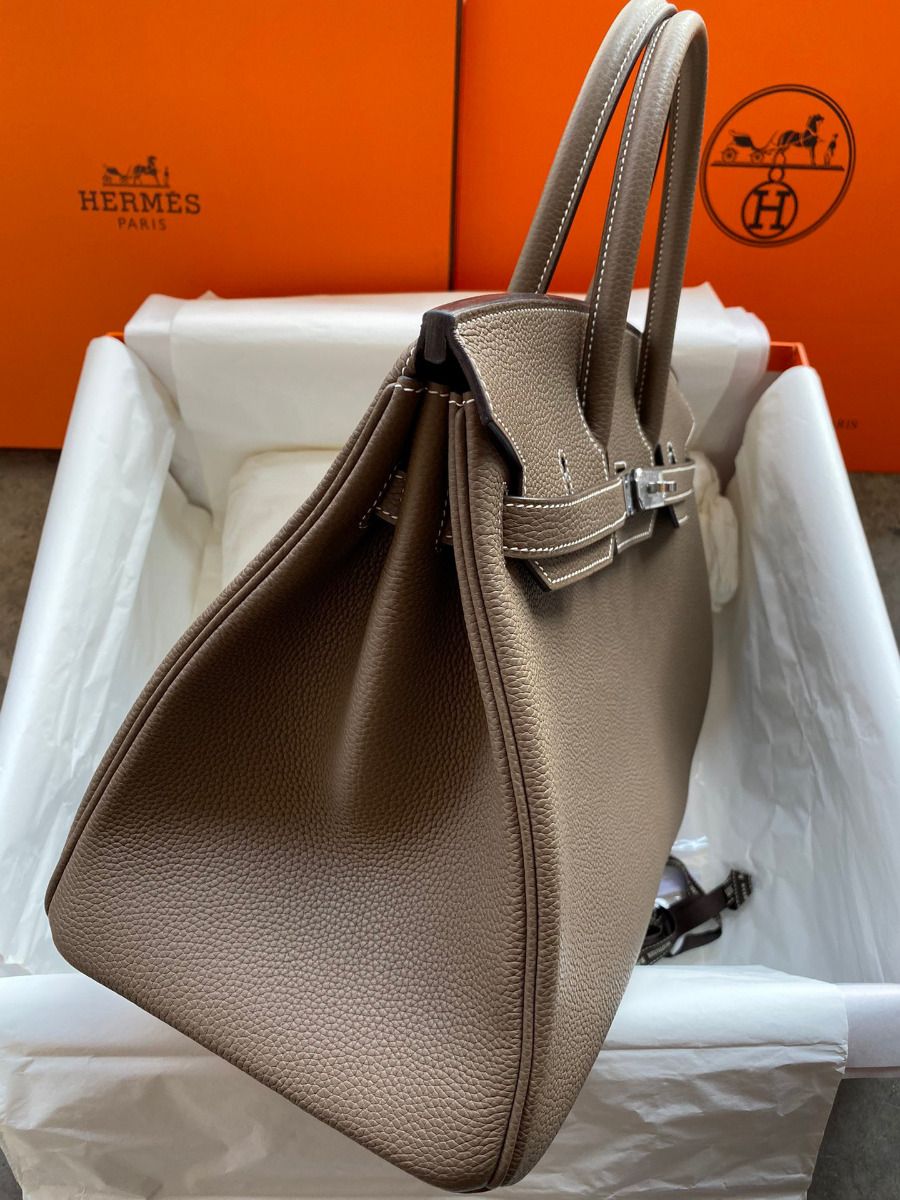 Hermes Birkin 35 Retourne Handmade Bag In Taupe Clemence Leather - Image 4