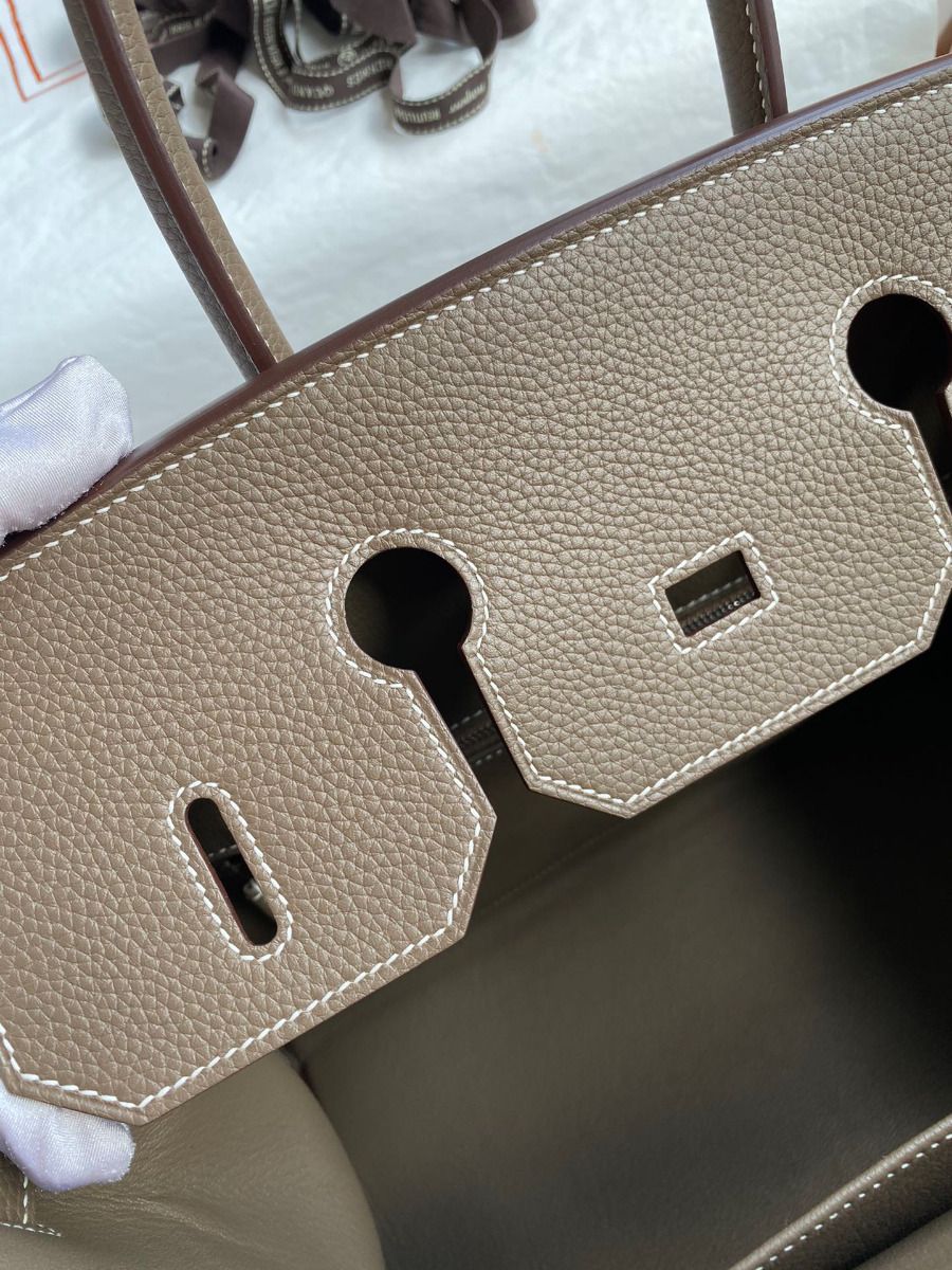 Hermes Birkin 35 Handmade Bag In Toile & Taupe Clemence Leather - Image 9