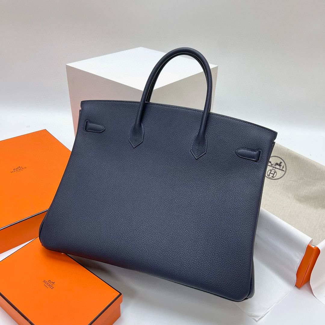 Hermes Birkin 40 Retourne Handmade Bag In Blue Nuit Clemence Leather - Image 8