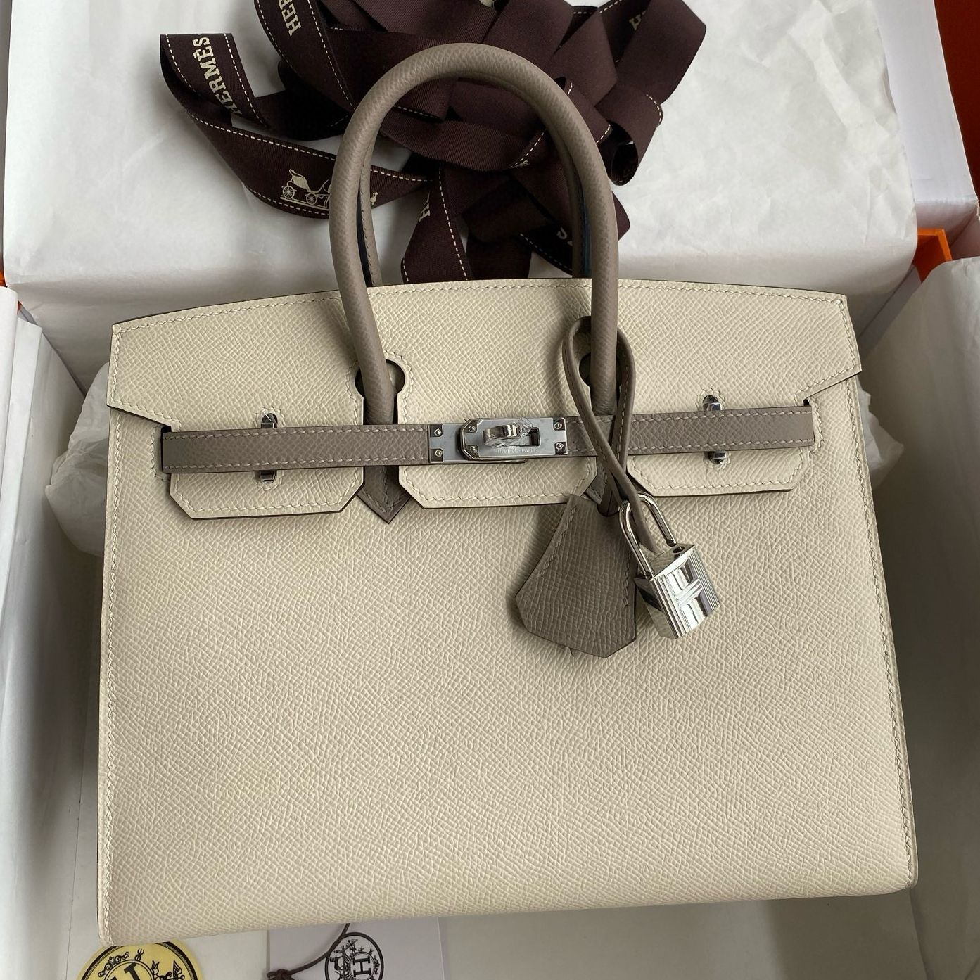 Hermes HSS Birkin 25 Sellier Bag in Craie and Gris Asphalt Epsom Calfskin