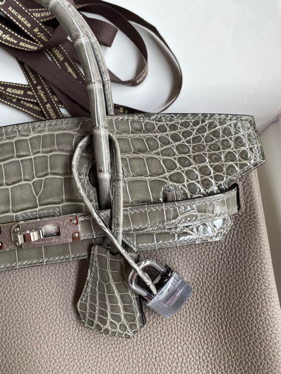 Hermes Touch Birkin 25 Bag In Gris Asphalt Shiny Niloticus Crocodile Skin - Image 4