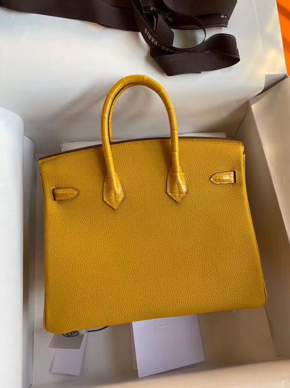 Hermes Touch Birkin 25 Bag In Yellow Shiny Niloticus Crocodile Skin - Image 3