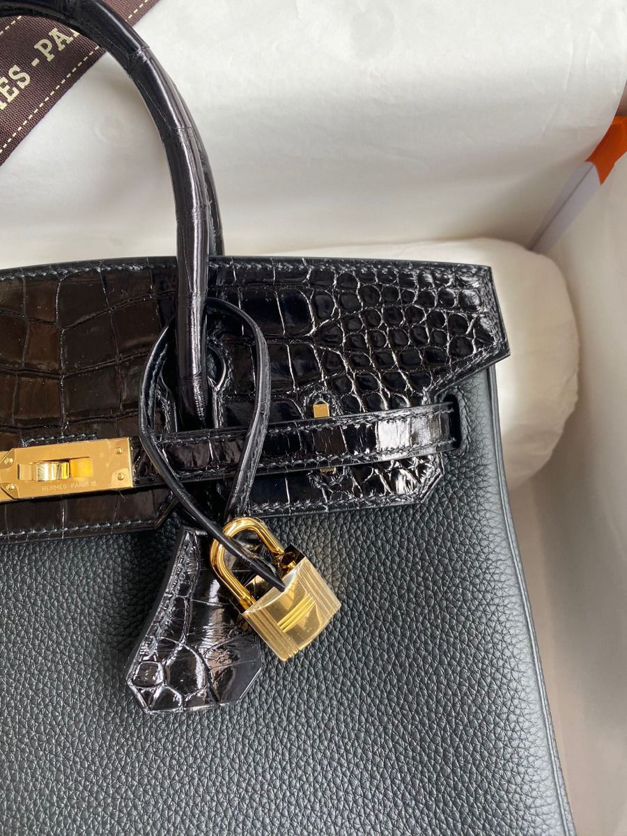 Hermes Touch Birkin 25 Bag in Black Togo and Shiny Alligator Leather - Image 4