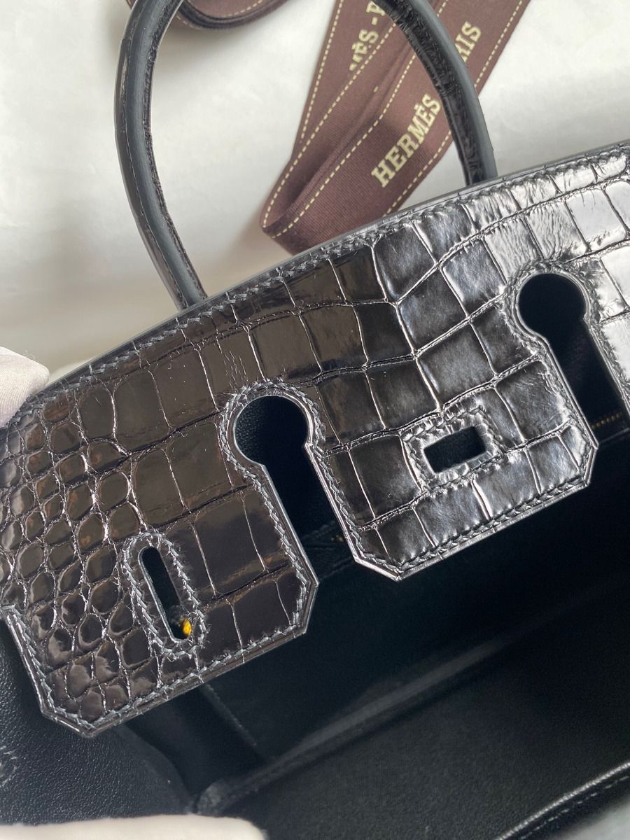 Hermes Touch Birkin 25 Bag in Black Togo and Shiny Alligator Leather - Image 9