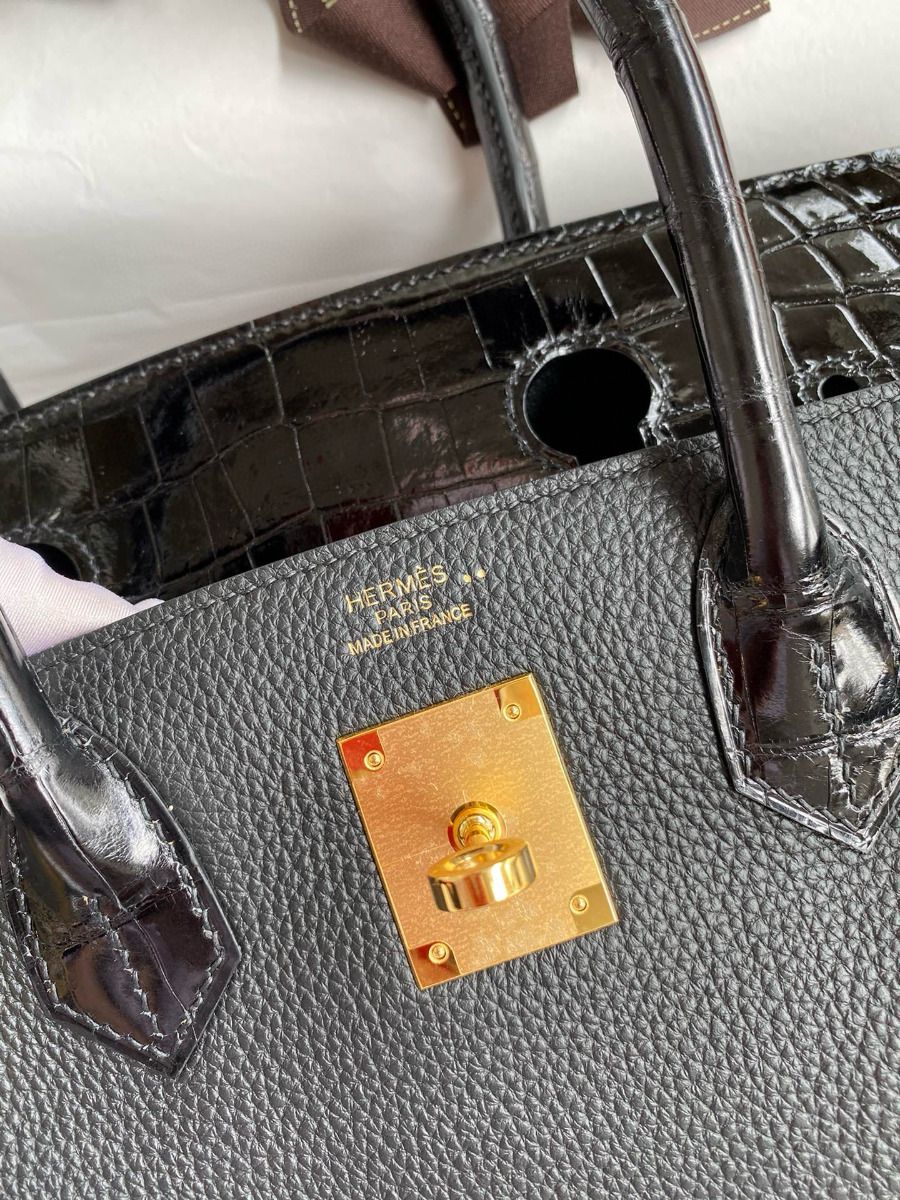 Hermes Touch Birkin 30 Bag In Black Clemence and Shiny Niloticus Crocodile Skin - Image 7