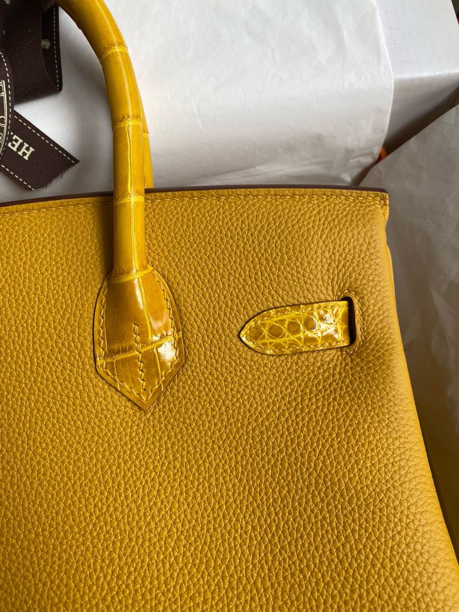 Hermes Touch Birkin 30 Bag In Yellow Clemence and Shiny Niloticus Crocodile Skin - Image 5