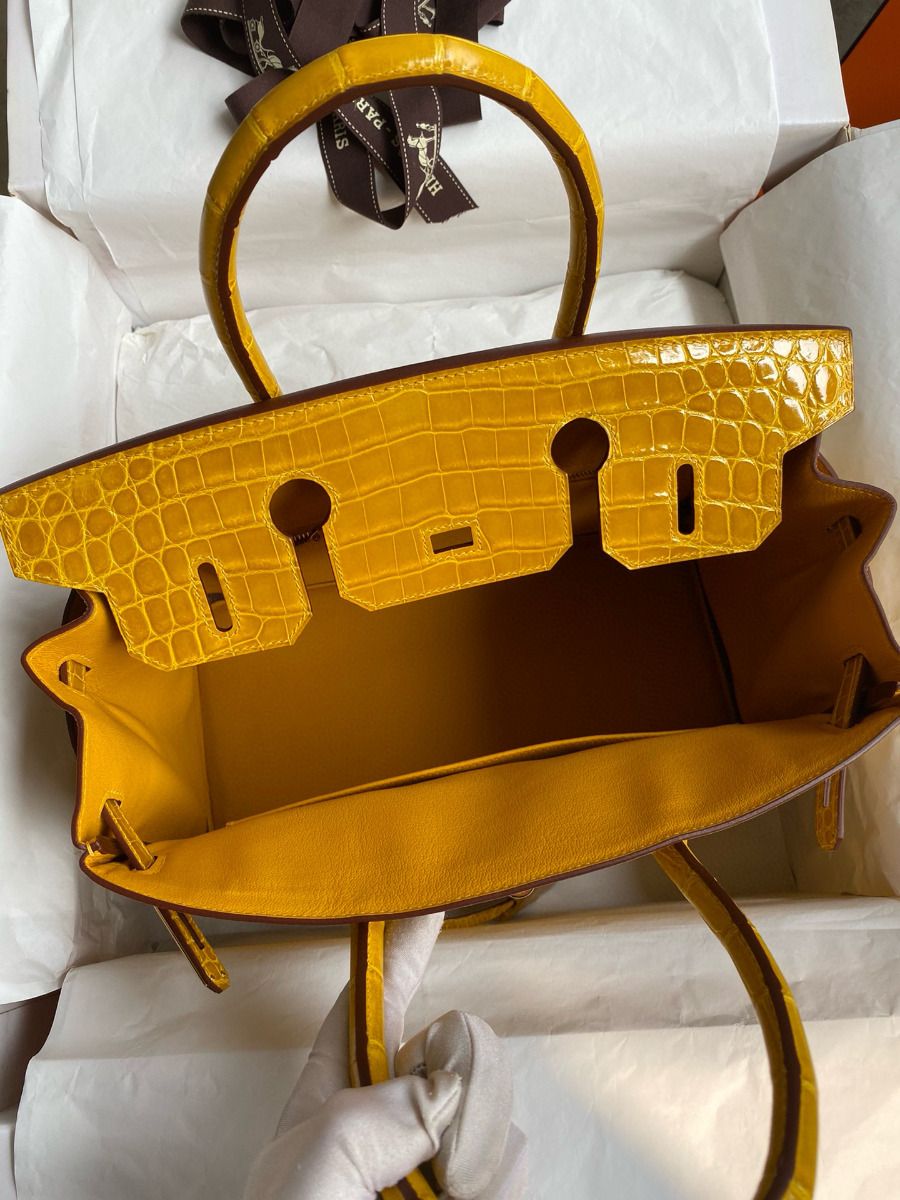 Hermes Touch Birkin 30 Bag In Yellow Clemence and Shiny Niloticus Crocodile Skin - Image 6