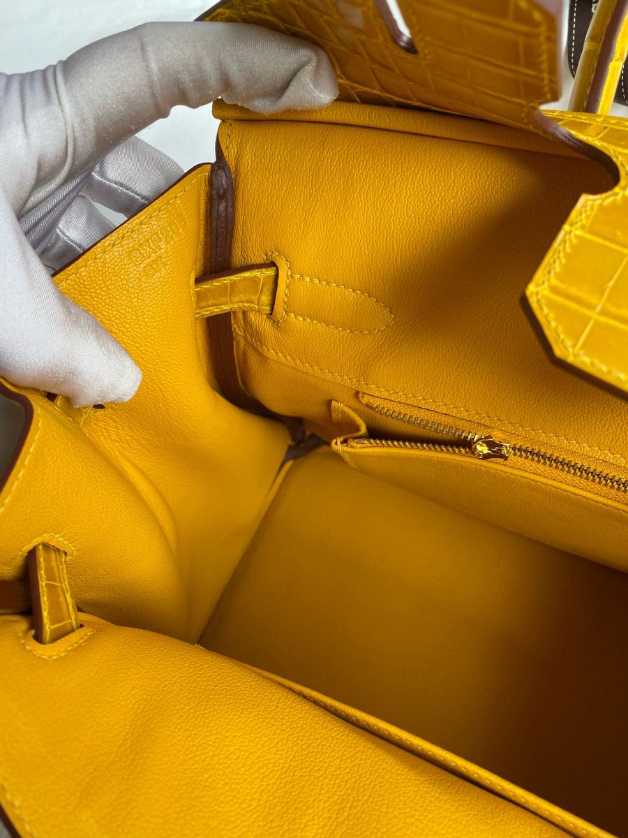 Hermes Touch Birkin 30 Bag In Yellow Clemence and Shiny Niloticus Crocodile Skin - Image 9