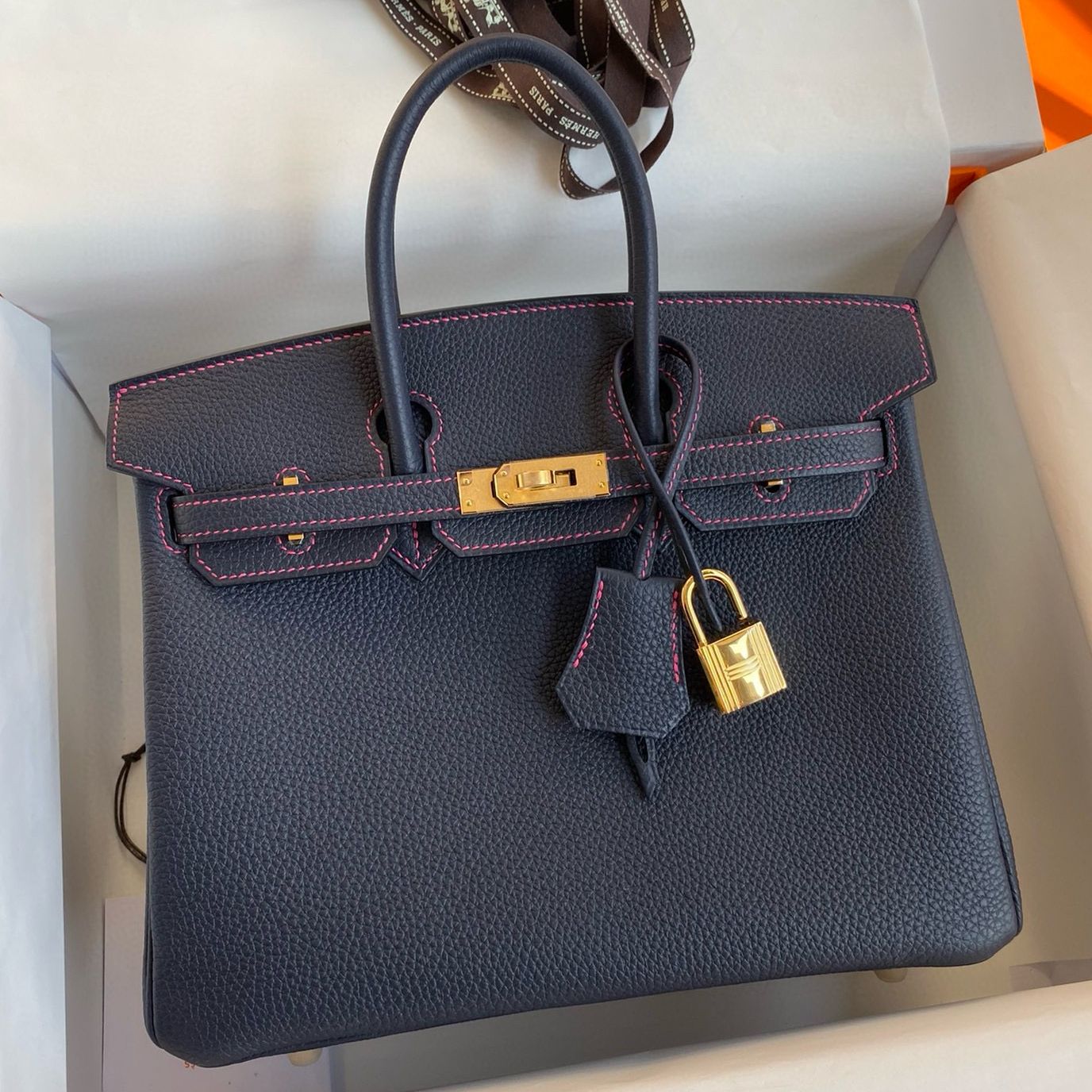 Hermes Birkin 25 Verso Retourne Handmade Bag in Blue Nuit Clemence Leather