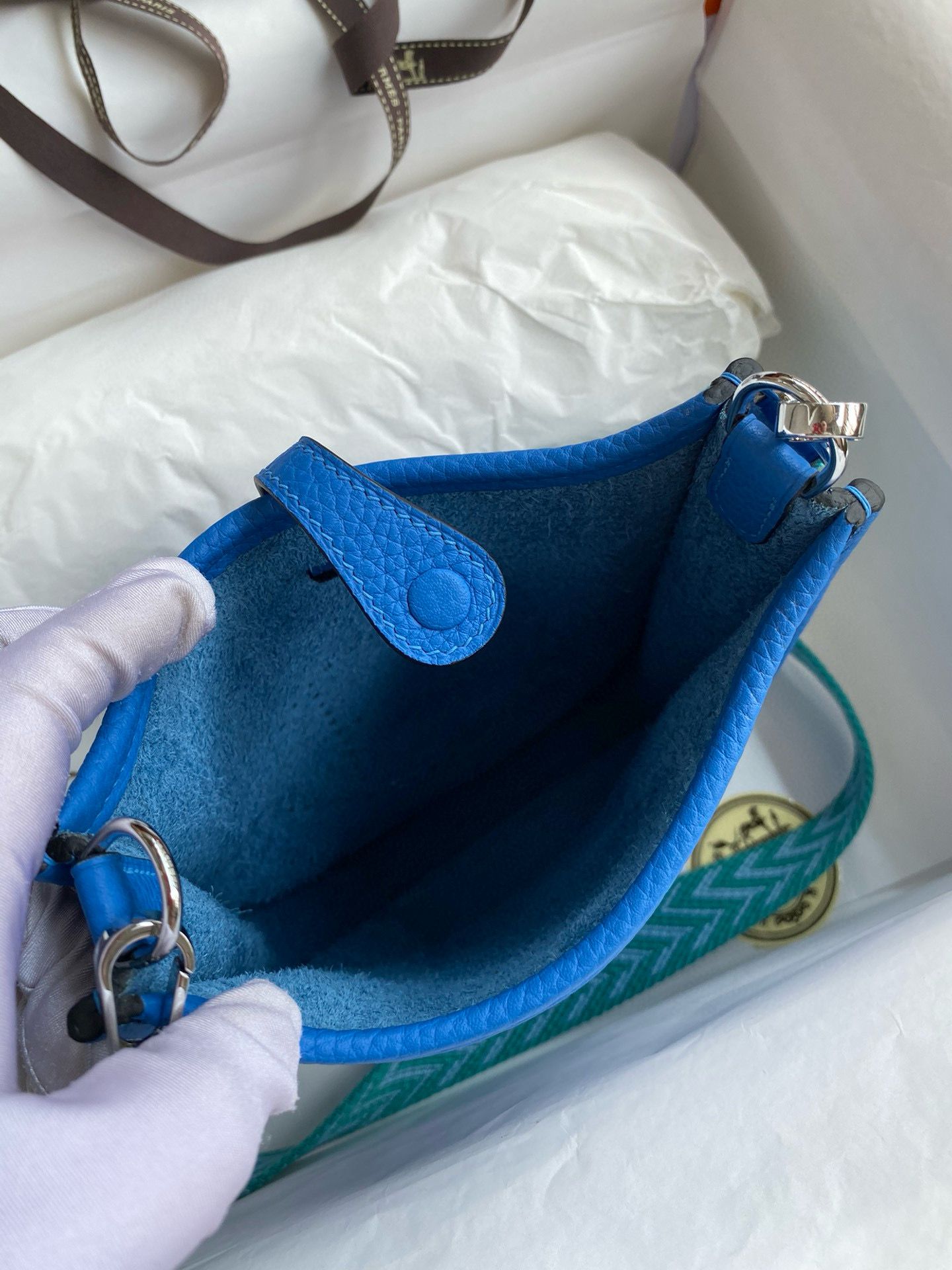 Hermes Evelyne Mini Handmade Bag in Blue Hydra Clemence Leather - Image 8