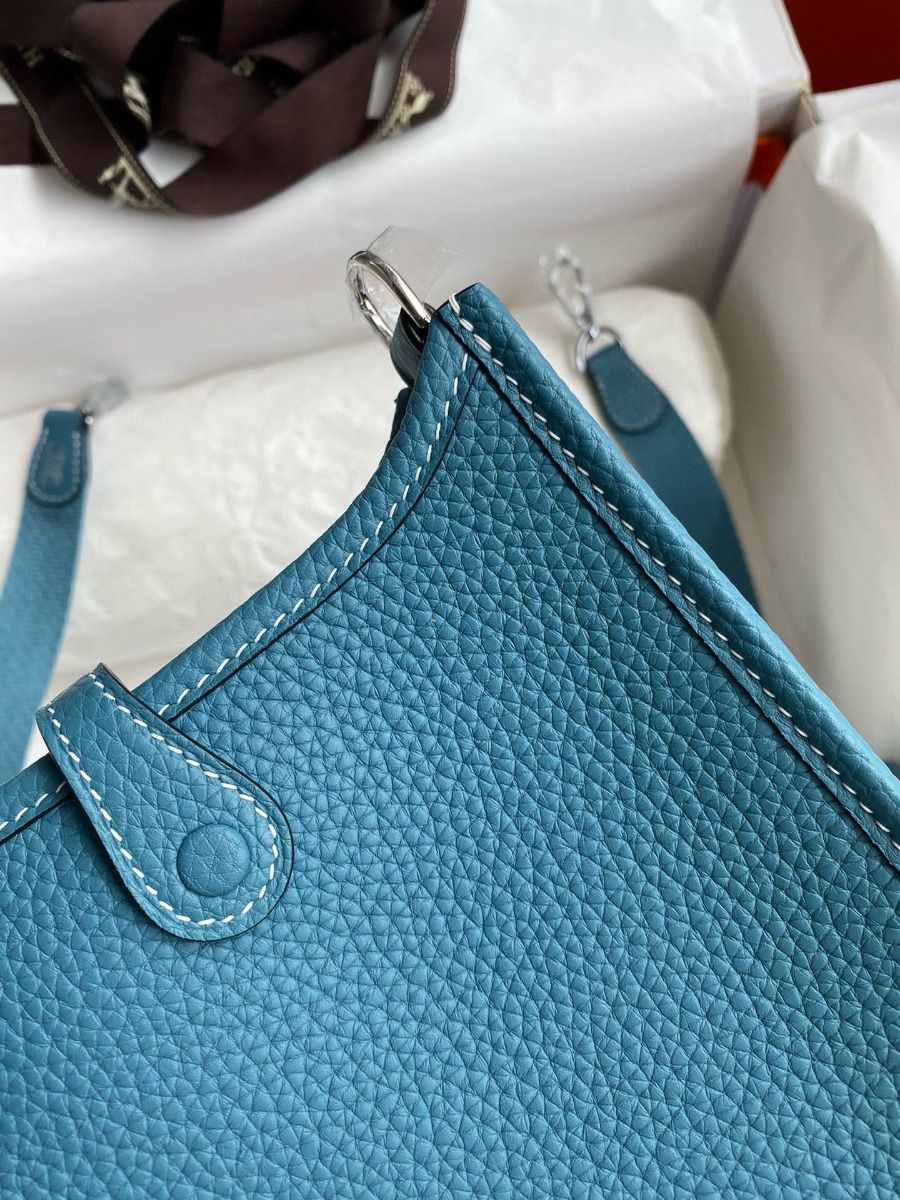 Hermes Evelyne Mini Handmade Bag in Blue Jean Clemence Leather - Image 6