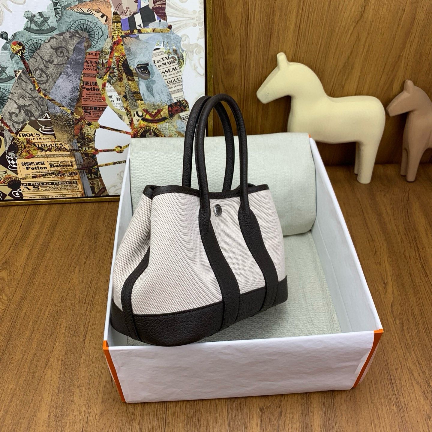Hermes Neo Garden Party 23 Bag in Canvas and Ebene Negonda Calfskin - Image 8