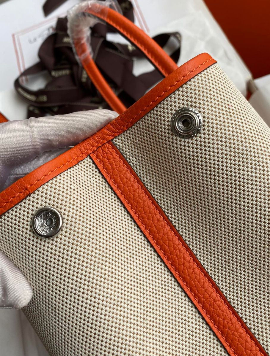 Hermes Garden Party 30 Handmade Bag in Toile and Orange Leather - Image 6