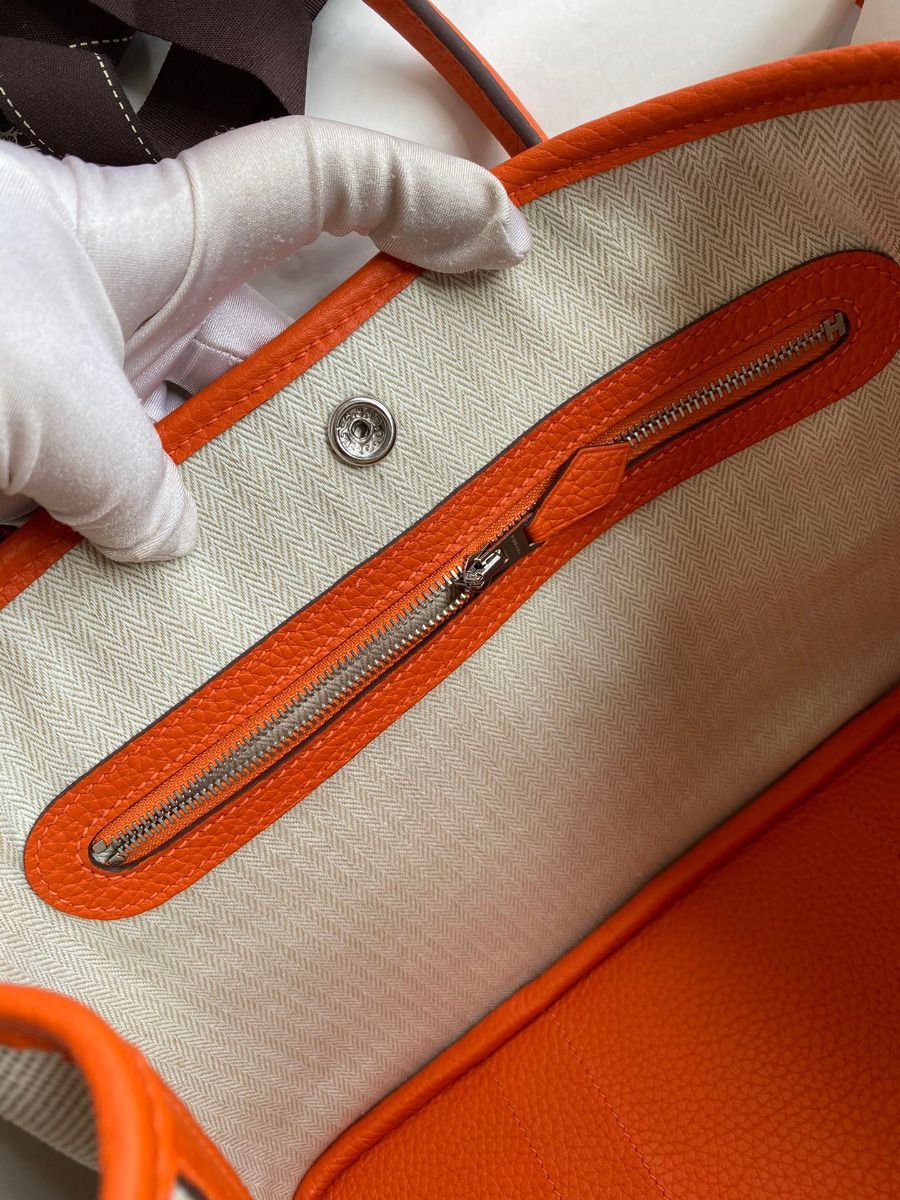 Hermes Garden Party 30 Handmade Bag in Toile and Orange Leather - Image 9