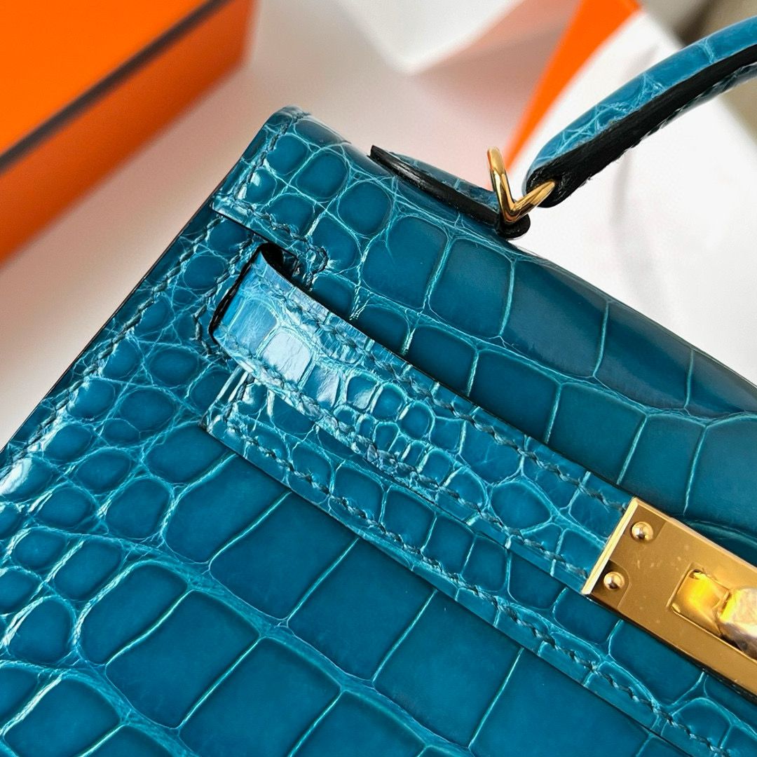 Hermes Kelly Mini II Sellier Handmade Bag in Blue Izmir Shiny Alligator Leather - Image 9