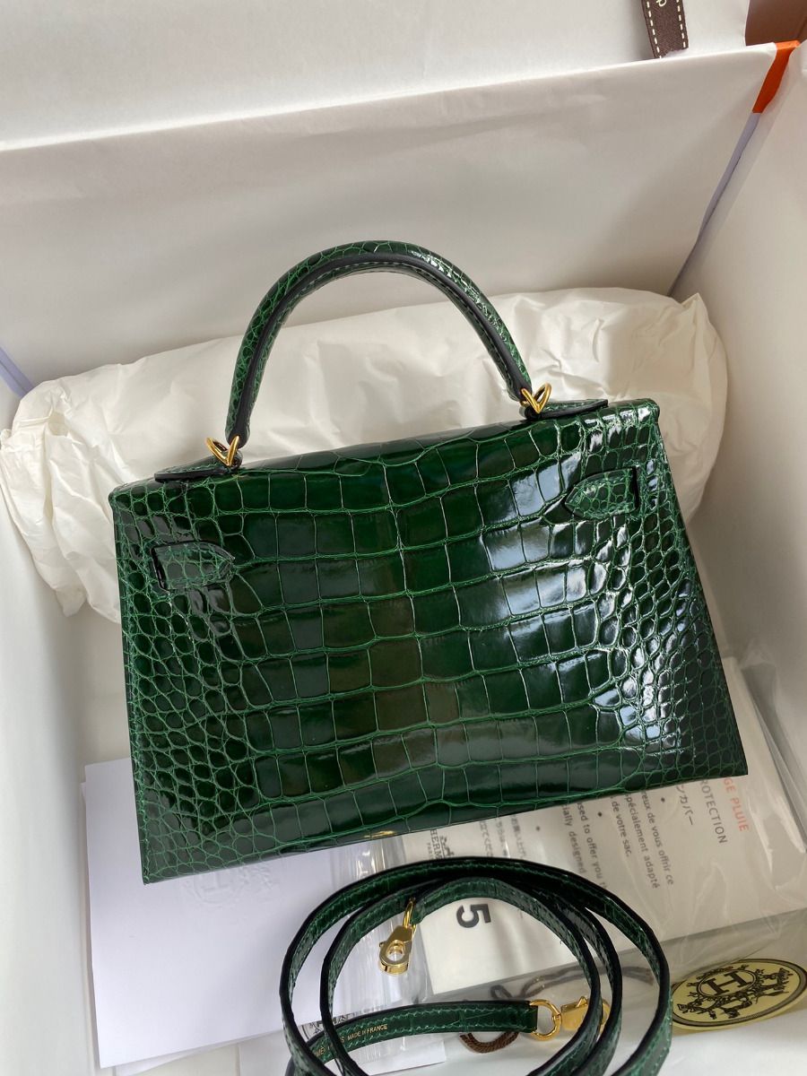Hermes Kelly Mini II Sellier Handmade Bag In Malachite Shiny Alligator Leather - Image 3