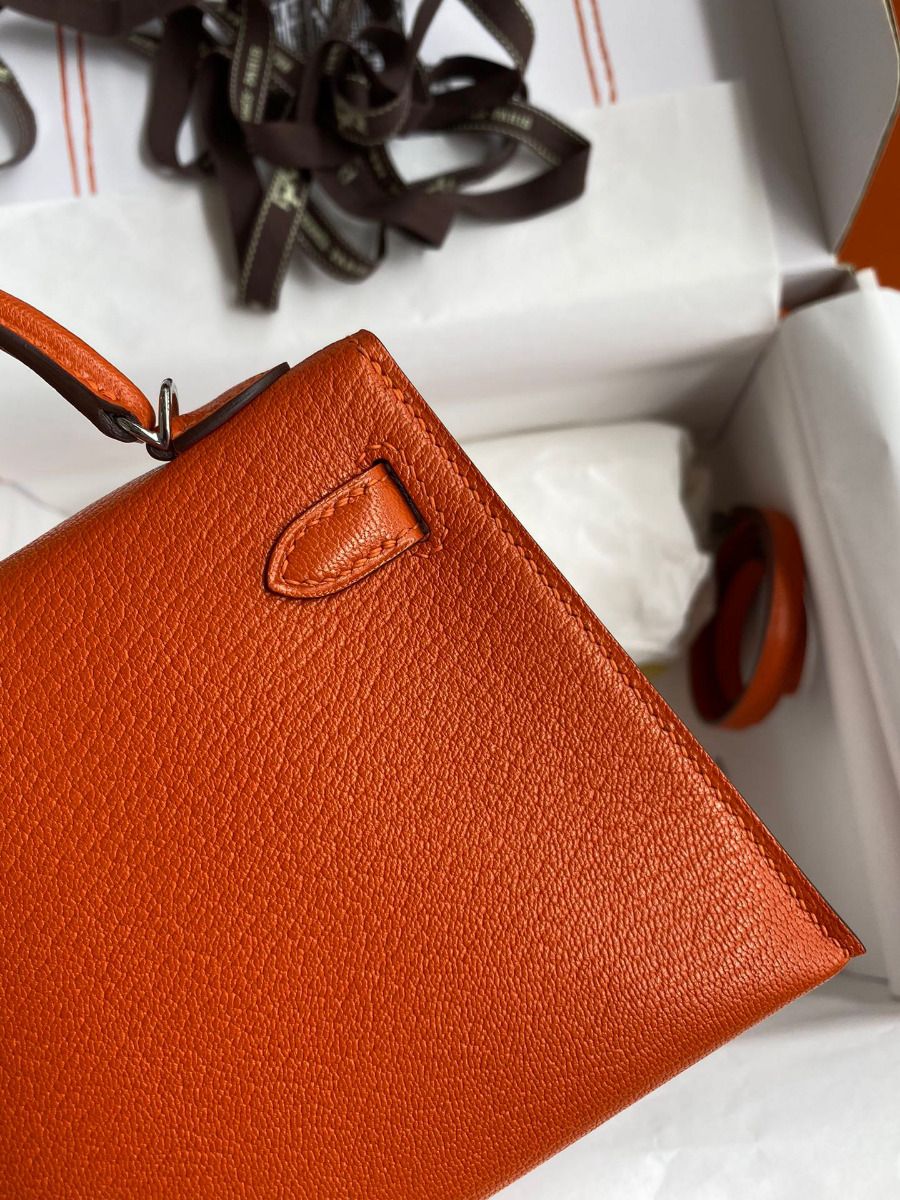Hermes Kelly Mini II Sellier Handmade Bag In Orange Chevre Mysore Leather - Image 6