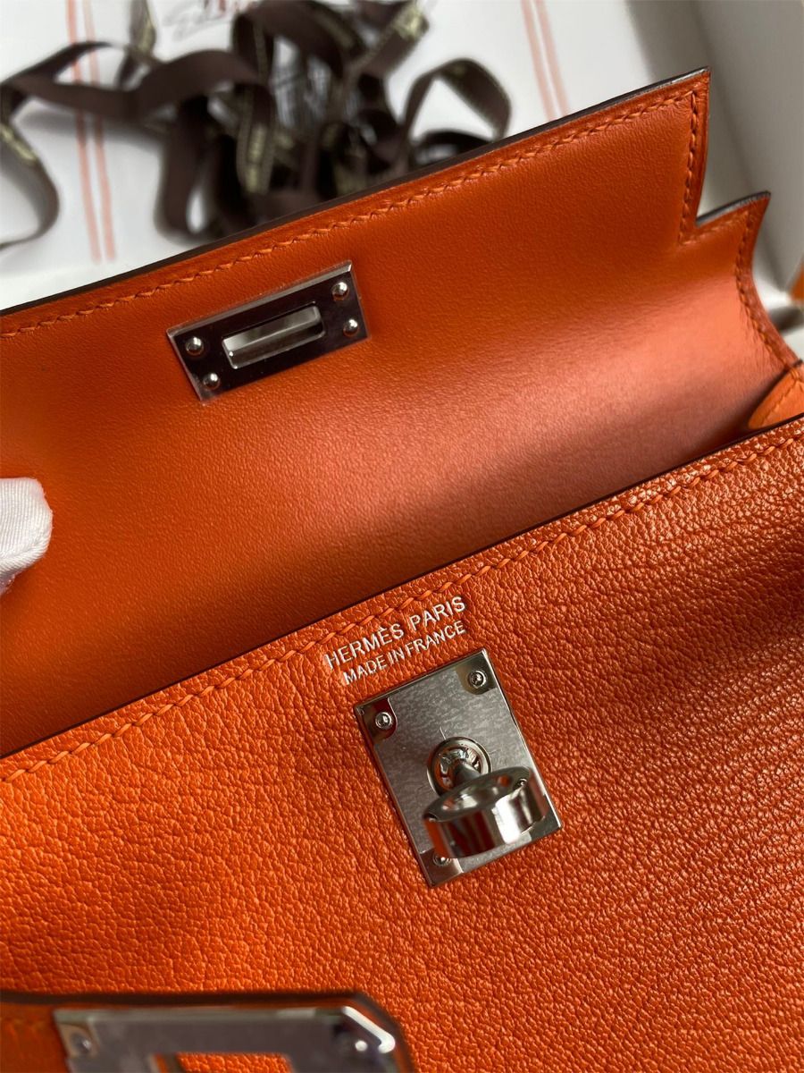 Hermes Kelly Mini II Sellier Handmade Bag In Orange Chevre Mysore Leather - Image 9