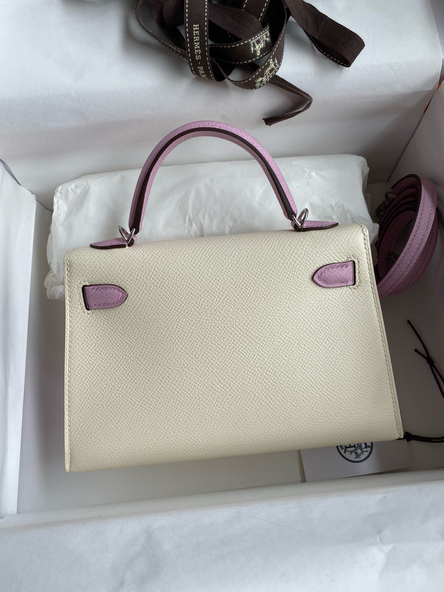 Hermes Kelly Mini II Sellier Bicolor Handmade Bag in Nata and Mauve Sylvestre Epsom Calfskin - Image 3