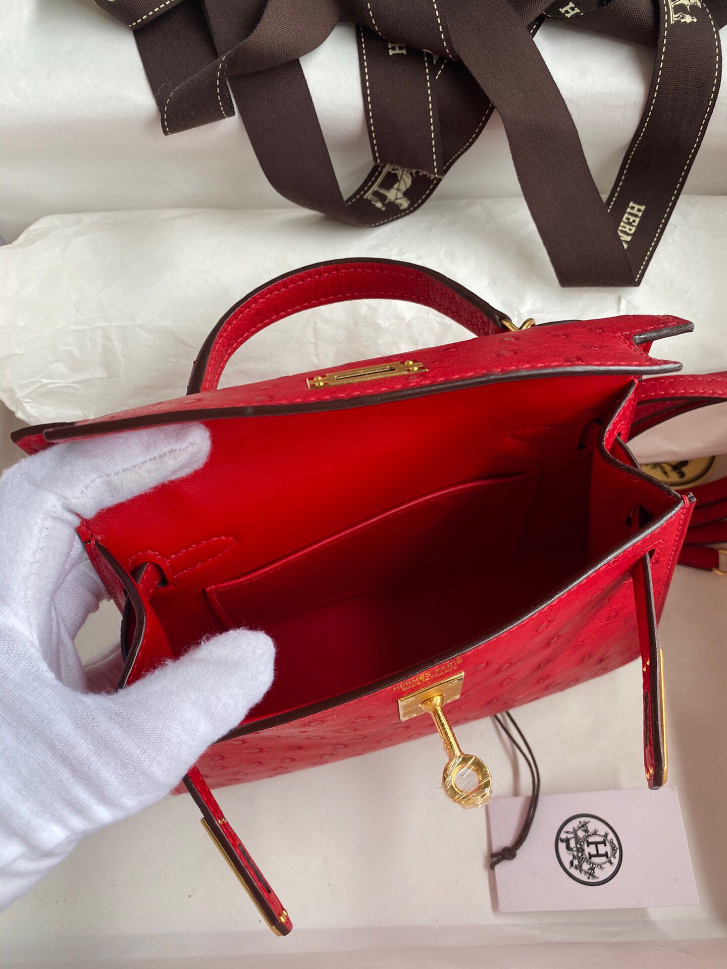 Hermes Kelly Mini II Sellier Handmade Bag In Red Ostrich Leather - Image 7