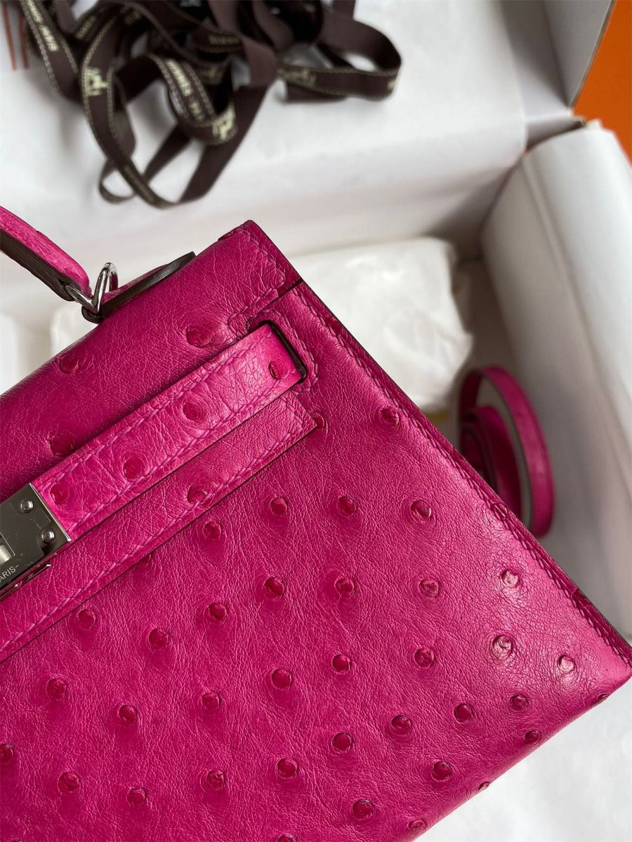 Hermes Kelly Mini II Sellier Handmade Bag In Rose Red Ostrich Leather - Image 5