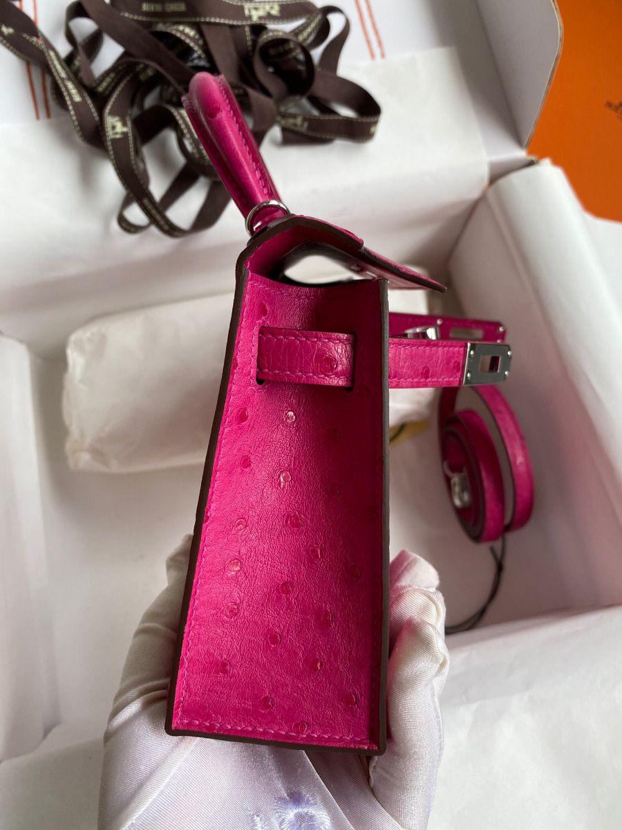 Hermes Kelly Mini II Sellier Handmade Bag In Rose Red Ostrich Leather - Image 7