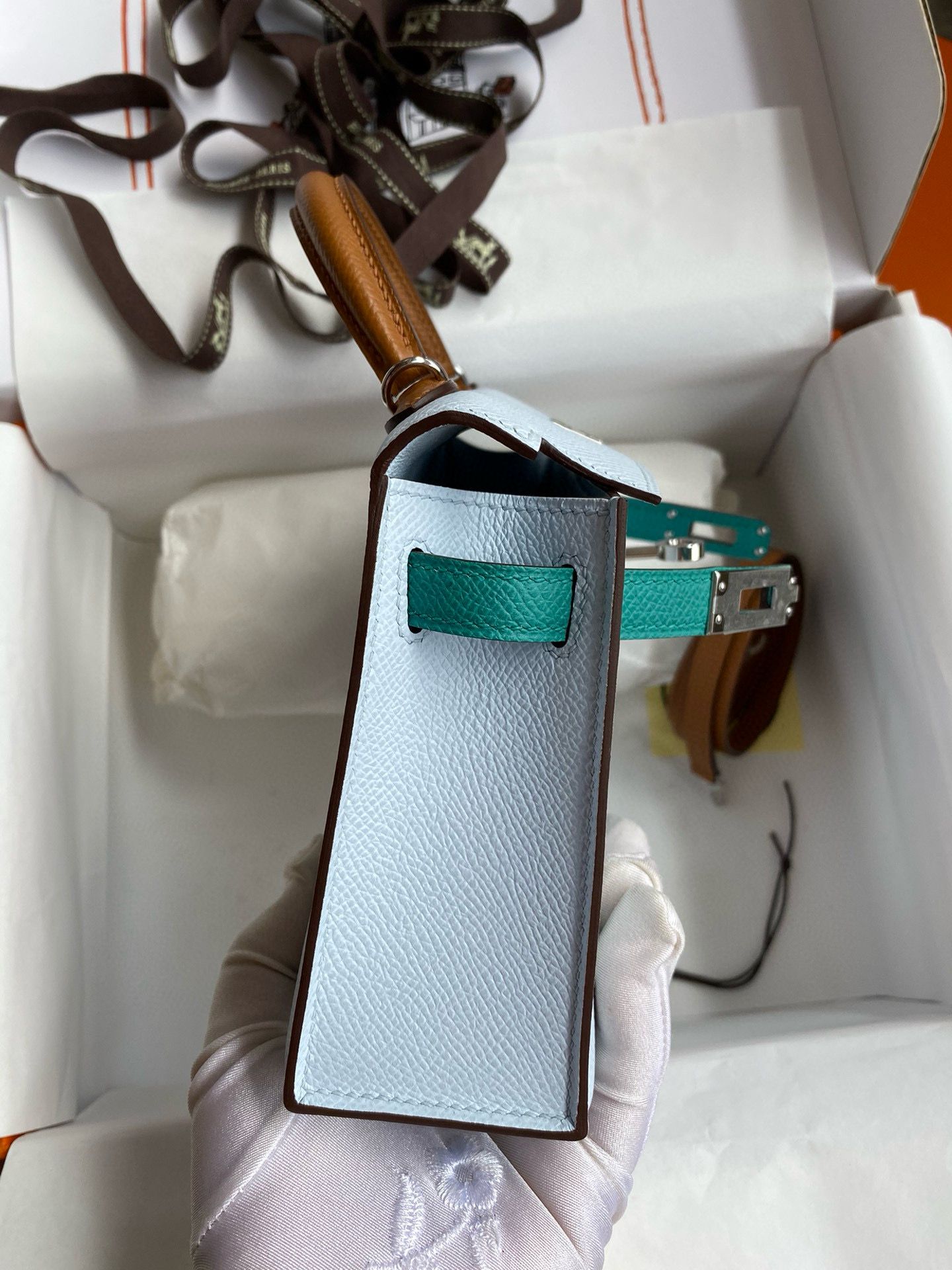 Hermes HSS Kelly Mini II Sellier Tri-color Bag in Blue/Green/Sesame Epsom Calfskin - Image 7