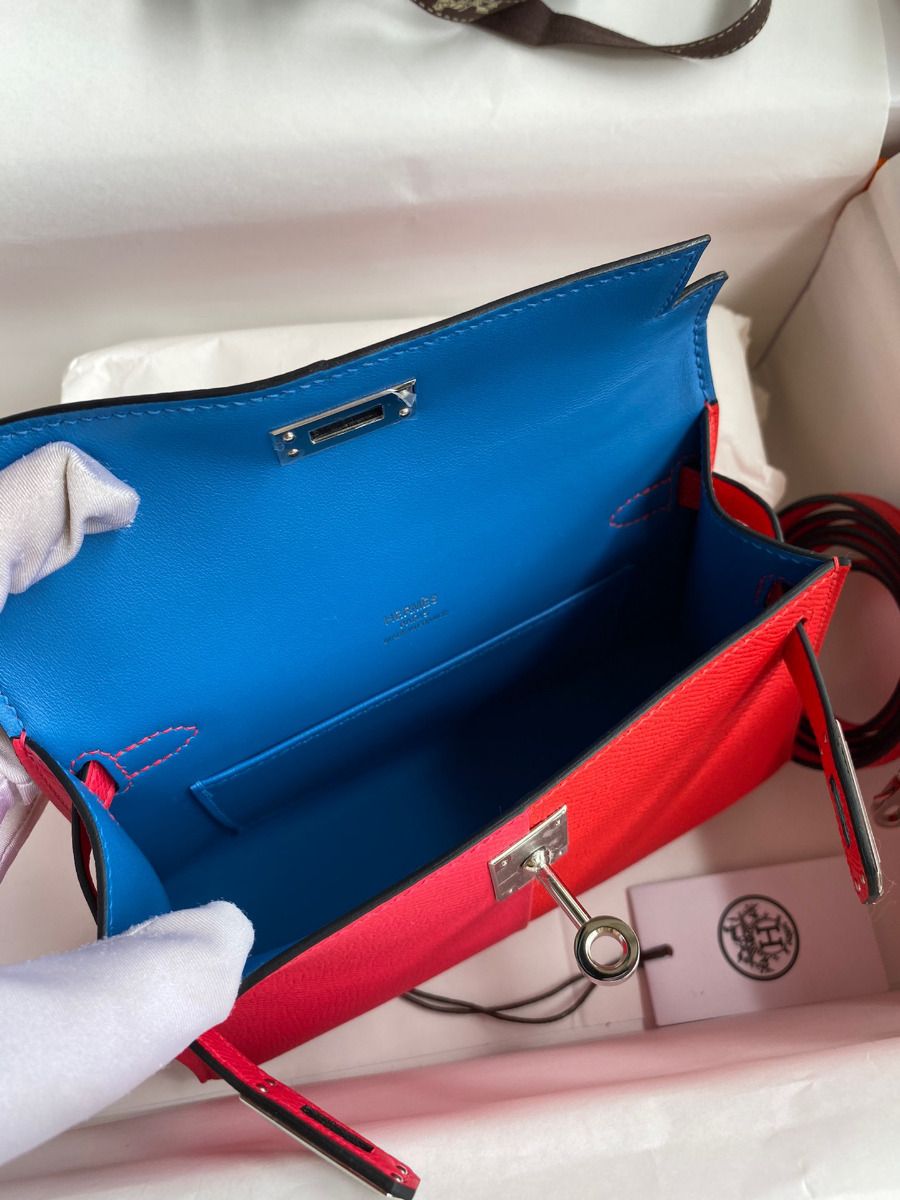 Hermes Kelly Mini II Sellier Tri-color Bag In Red/Rose Extreme/Blue Epsom Calfskin - Image 9