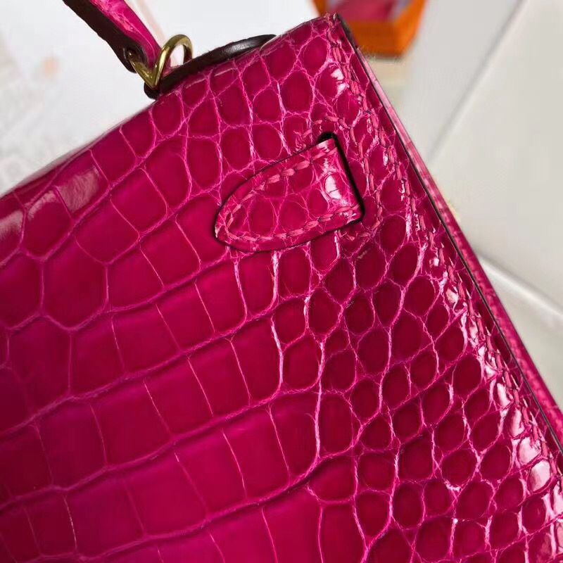 Hermes Kelly Mini II Handmade Bag In Rose Red Alligator Crocodile - Image 6