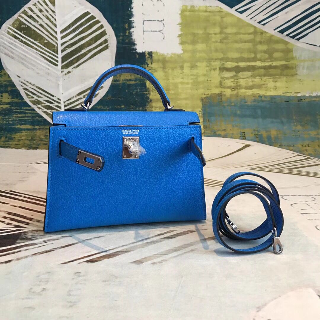 Hermes Kelly Mini II Handmade Bag In Blue Chevre Leather - Image 3