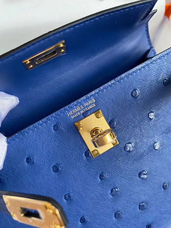 Hermes Kelly Mini II Handmade Bag In Blue Electric Ostrich Leather - Image 8