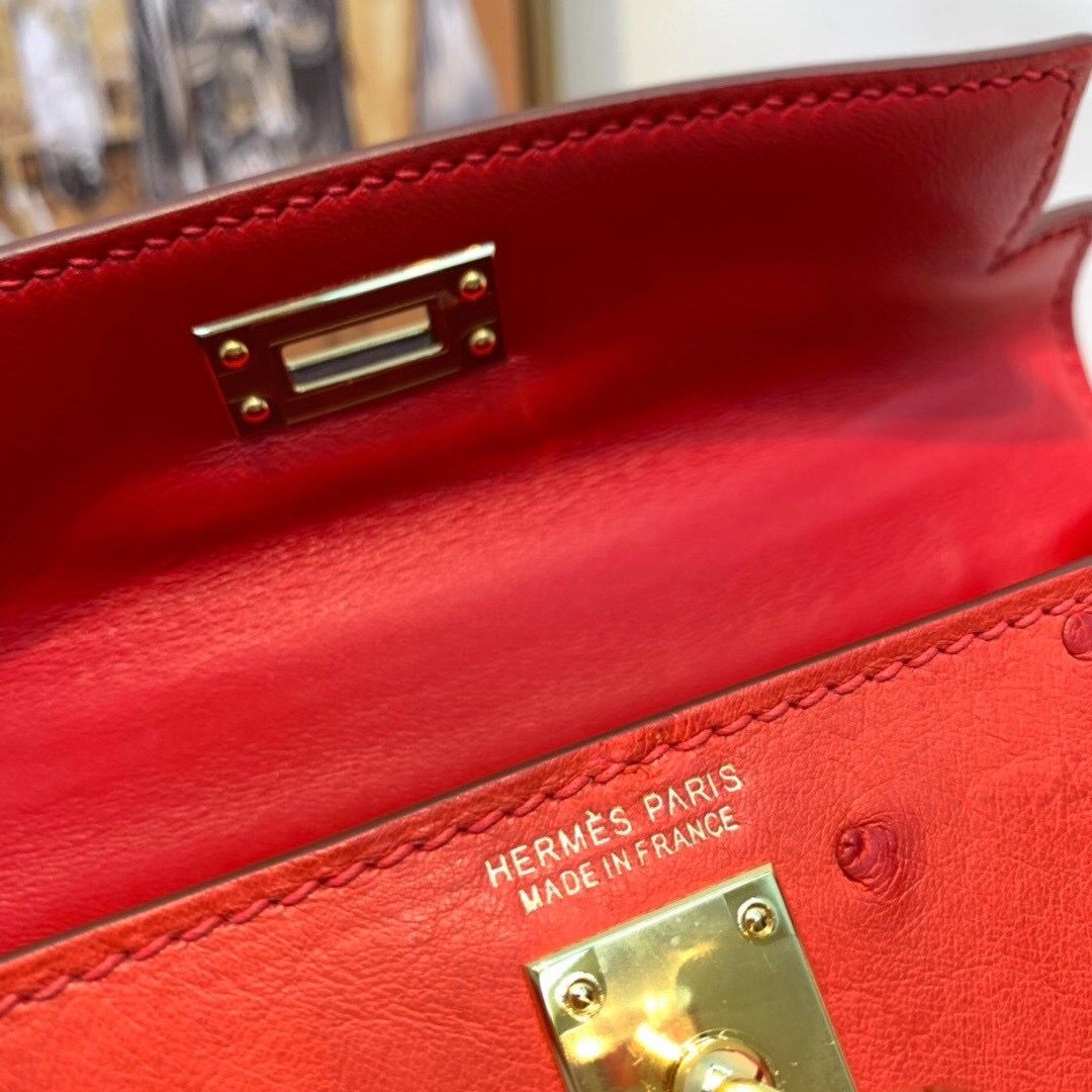 Hermes Kelly Mini II Handmade Bag In Red Ostrich Leather - Image 8