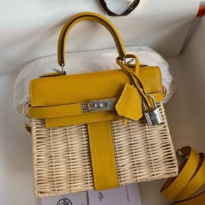 Hermes Picnic Kelly Mini 20 Bag in Wicker and Yellow Calfskin
