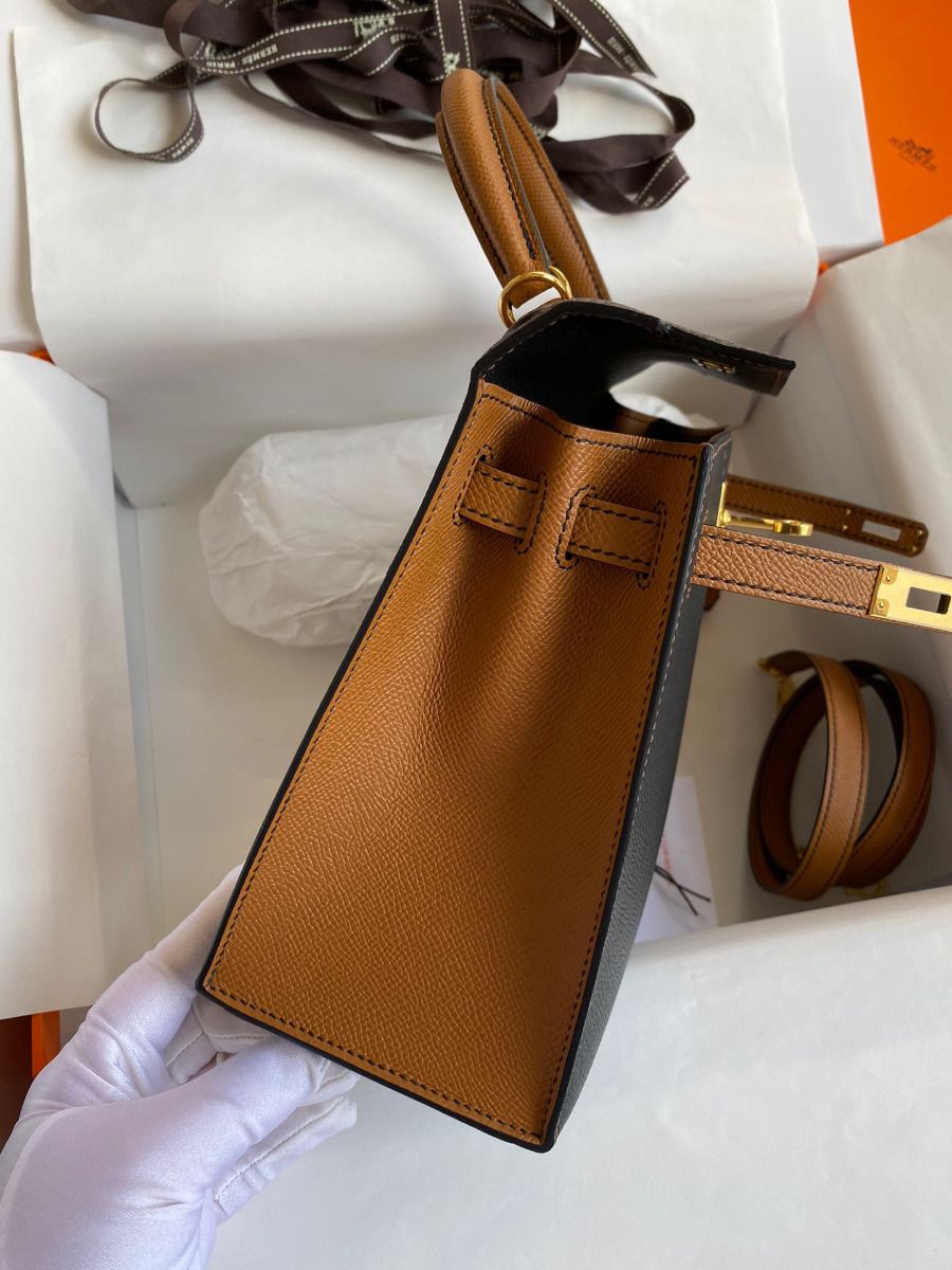 Hermes Kelly Sellier 25 Bicolor Bag in Black and Gold Epsom Calfskin - Image 7