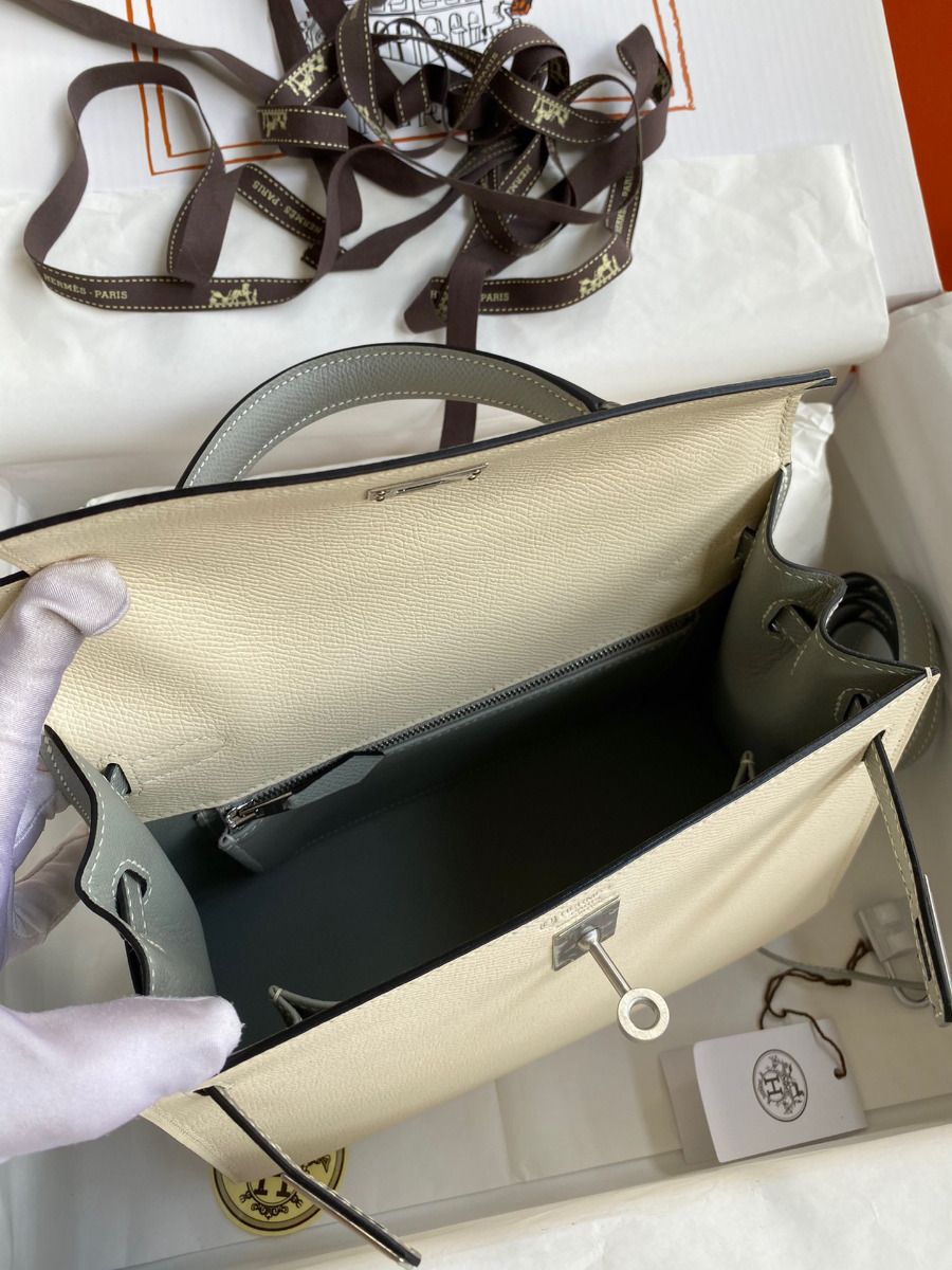 Hermes Kelly Sellier 25 Bicolor Bag in Craie and Gris Mouette Epsom Calfskin - Image 9