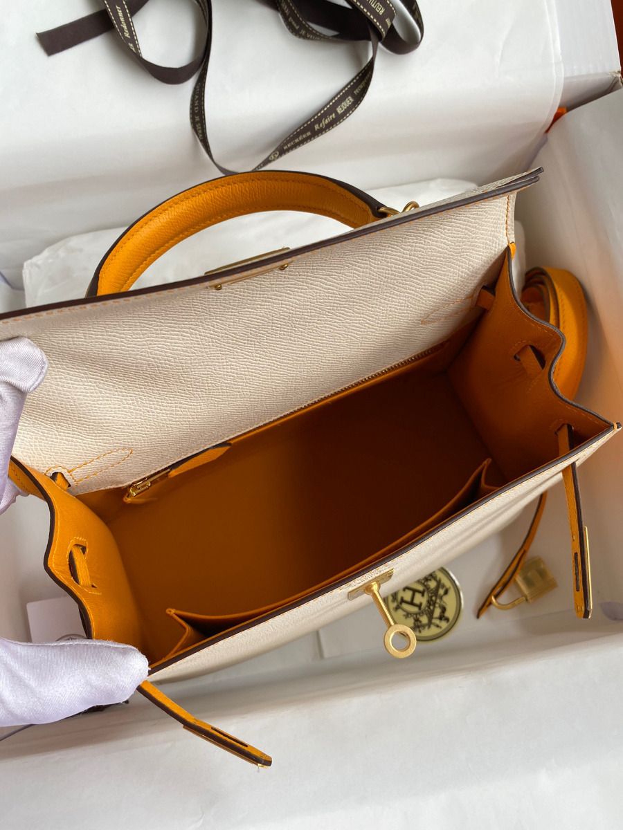 Hermes Kelly Sellier 25 Bicolor Bag in Craie and Yellow Epsom Calfskin - Image 9