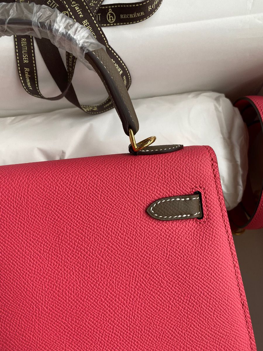 Hermes Kelly Sellier 25 Bicolor Bag in Rose Extremea nd Taupe Epsom Calfskin - Image 5