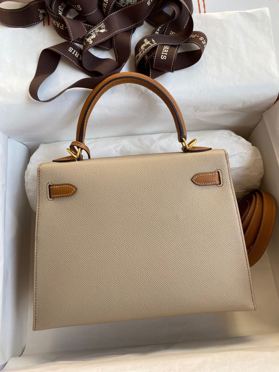 Hermes Kelly Sellier 25 Bicolor Bag in Trench and Gold Epsom Calfskin - Image 3