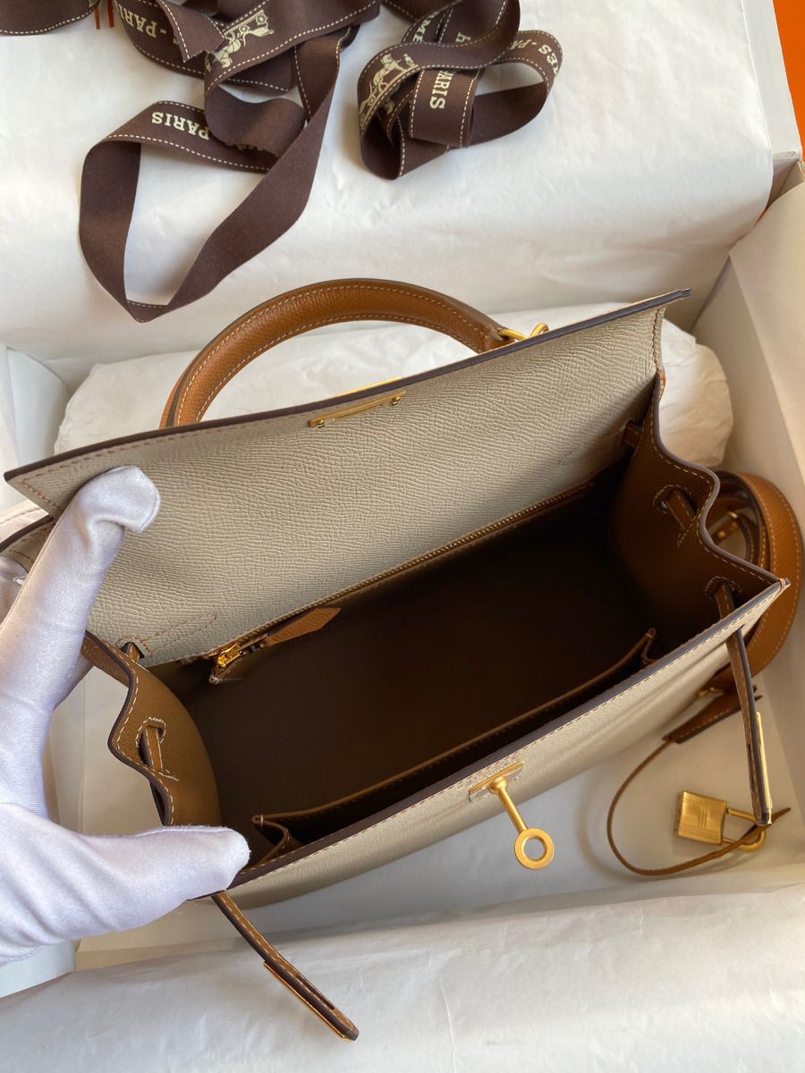 Hermes Kelly Sellier 25 Bicolor Bag in Trench and Gold Epsom Calfskin - Image 9