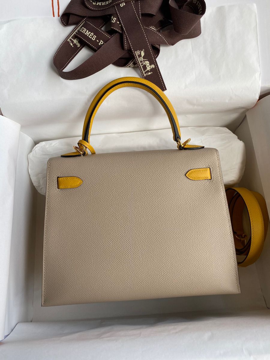 Hermes Kelly Sellier 25 Bicolor Bag in Trench and Yellow Epsom Calfskin - Image 3