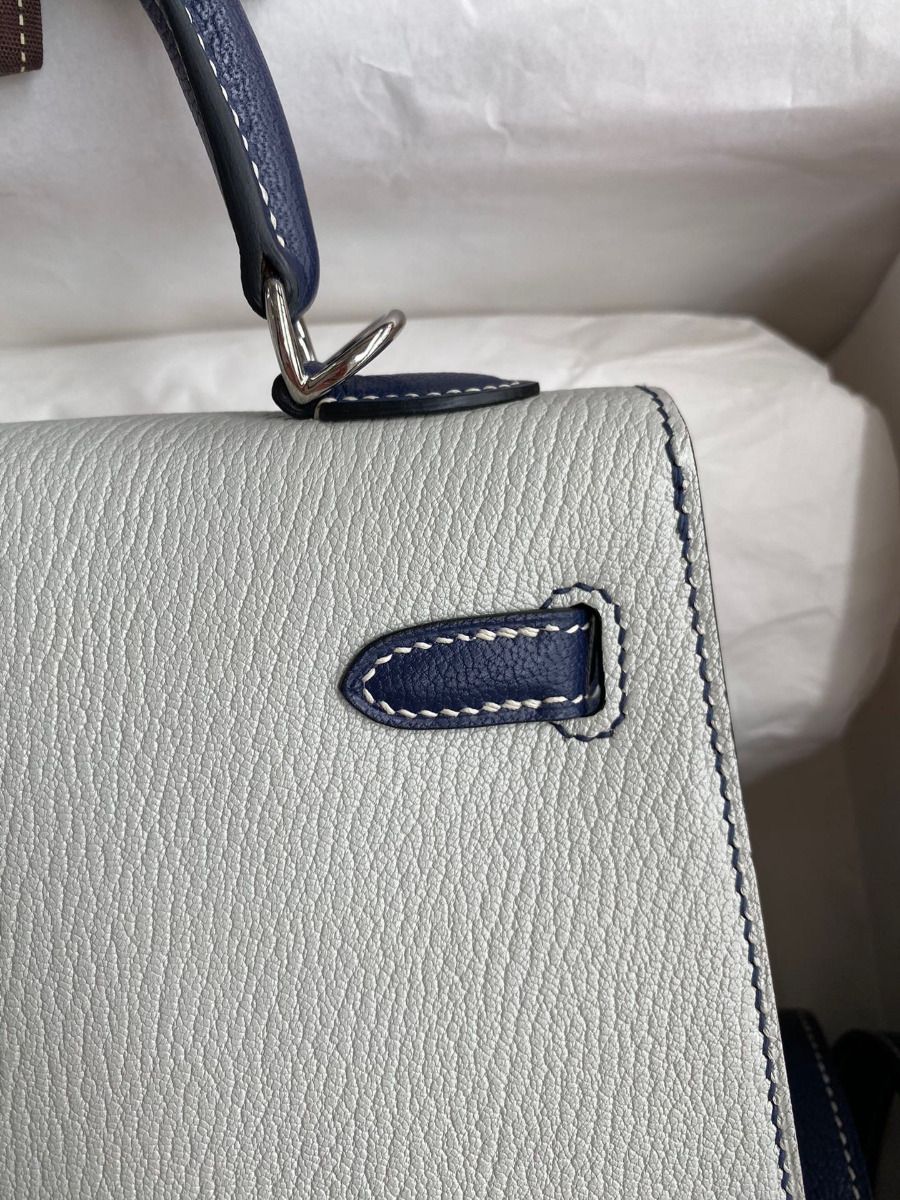 Hermes Kelly Sellier 25 Bicolor Bag in Pearl Grey and Blue Mysore Goatskin - Image 5