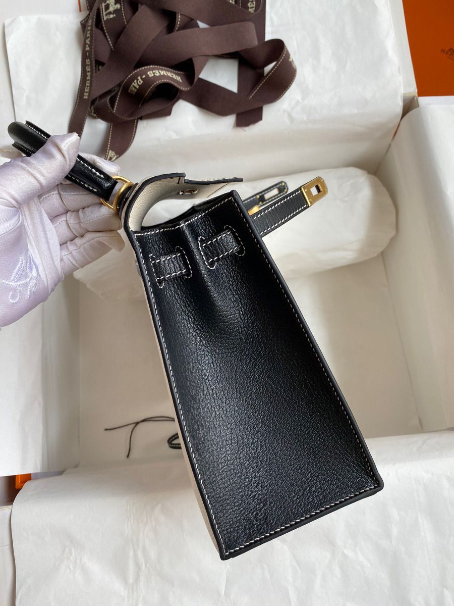 Hermes Kelly Sellier 25 Bicolor Bag in White and Black Mysore Goatskin - Image 6