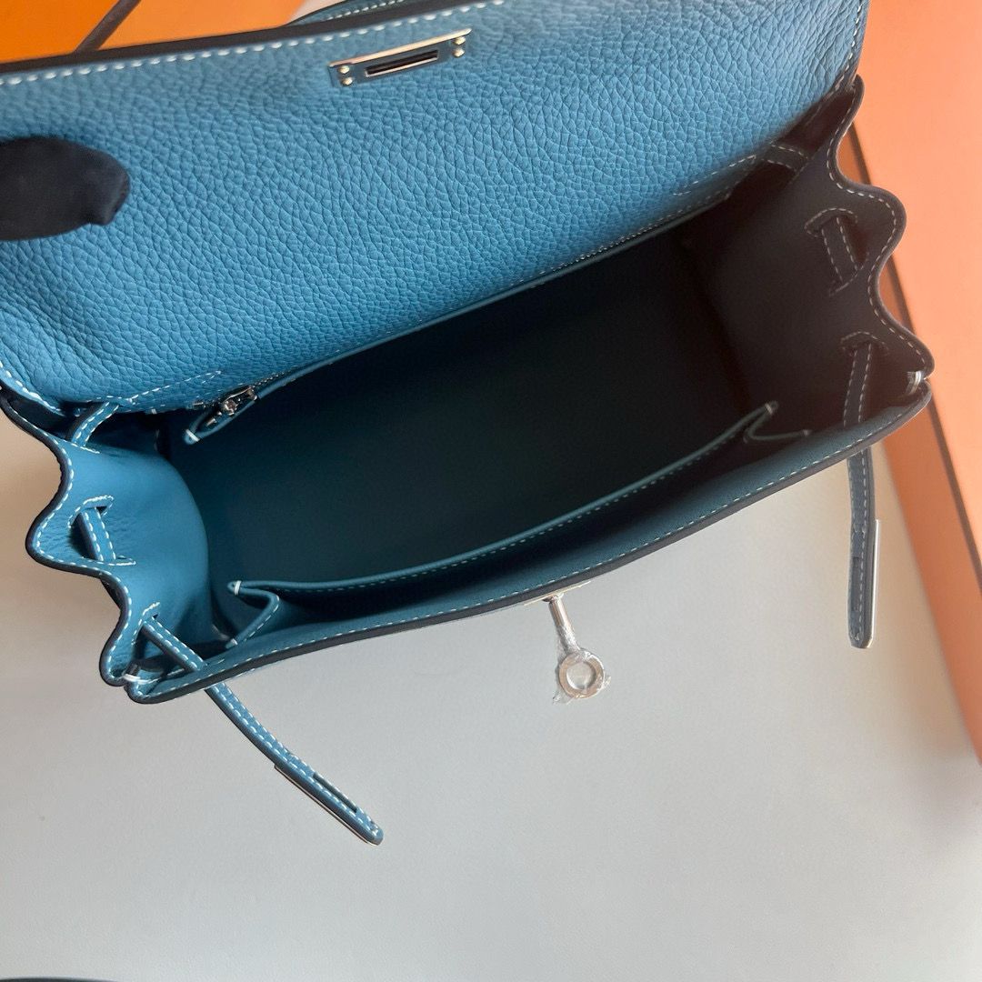 Hermes Kelly Retourne 25 Handmade Bag Blue Jean Clemence Leather - Image 6