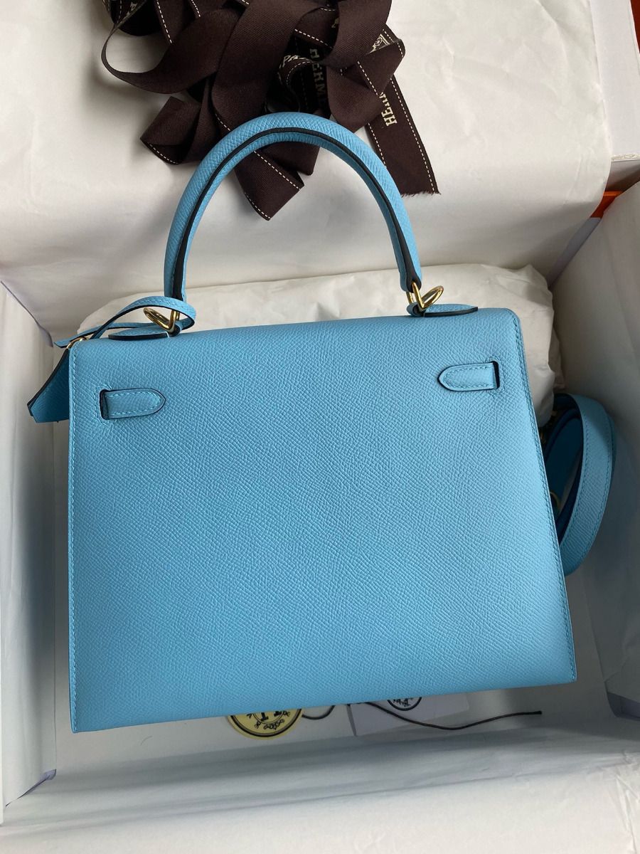 Hermes Kelly Sellier 25 Handmade Bag In Blue Candy Epsom Calfskin - Image 3