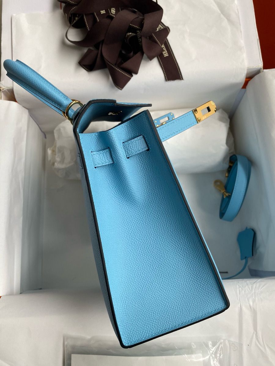 Hermes Kelly Sellier 25 Handmade Bag In Blue Candy Epsom Calfskin - Image 6