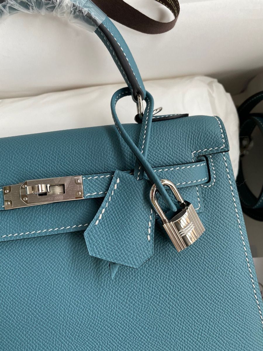 Hermes Kelly Sellier 25 Handmade Bag In Blue Jean Epsom Calfskin - Image 4
