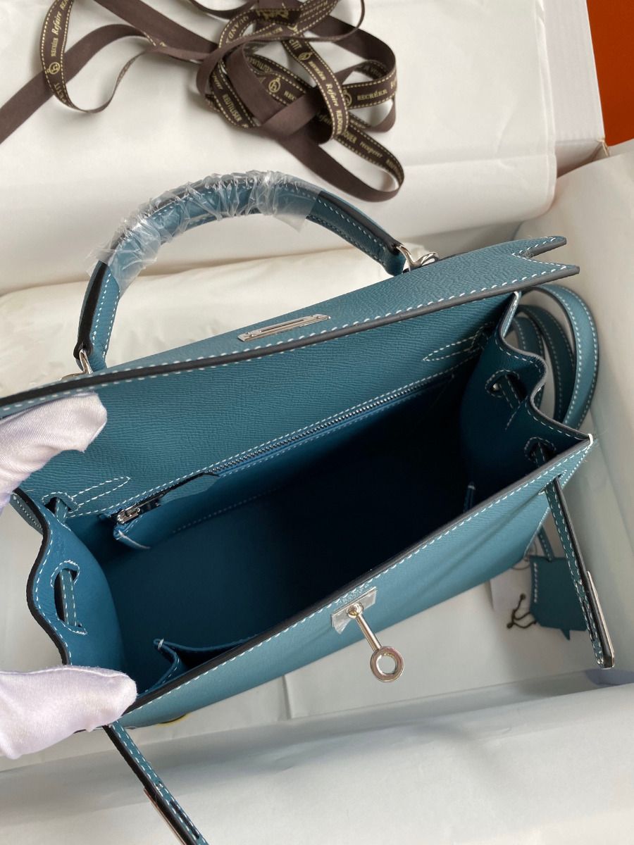 Hermes Kelly Sellier 25 Handmade Bag In Blue Jean Epsom Calfskin - Image 9