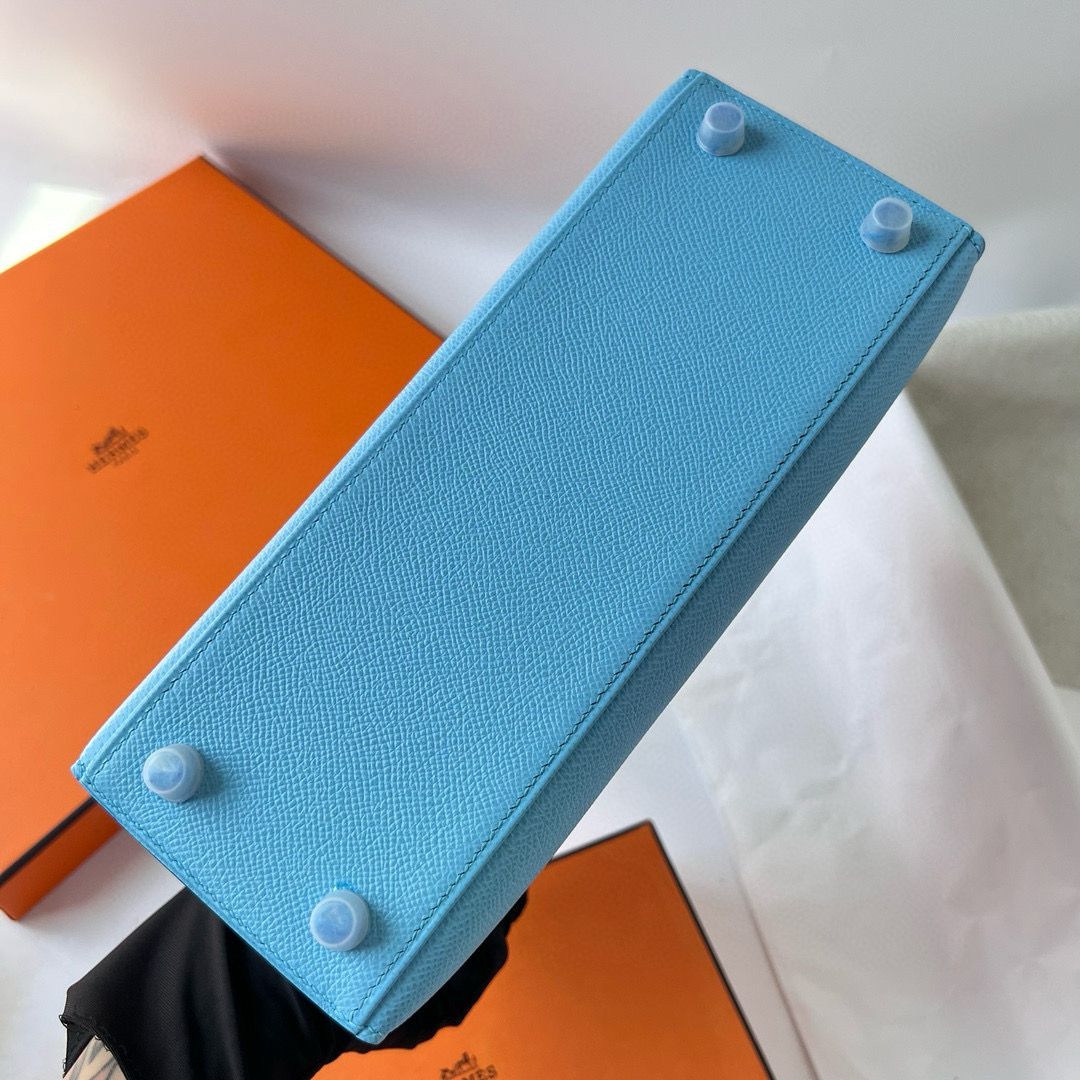 Hermes Kelly Sellier 25 Handmade Bag in Blue Azteque Epsom Calfskin - Image 9